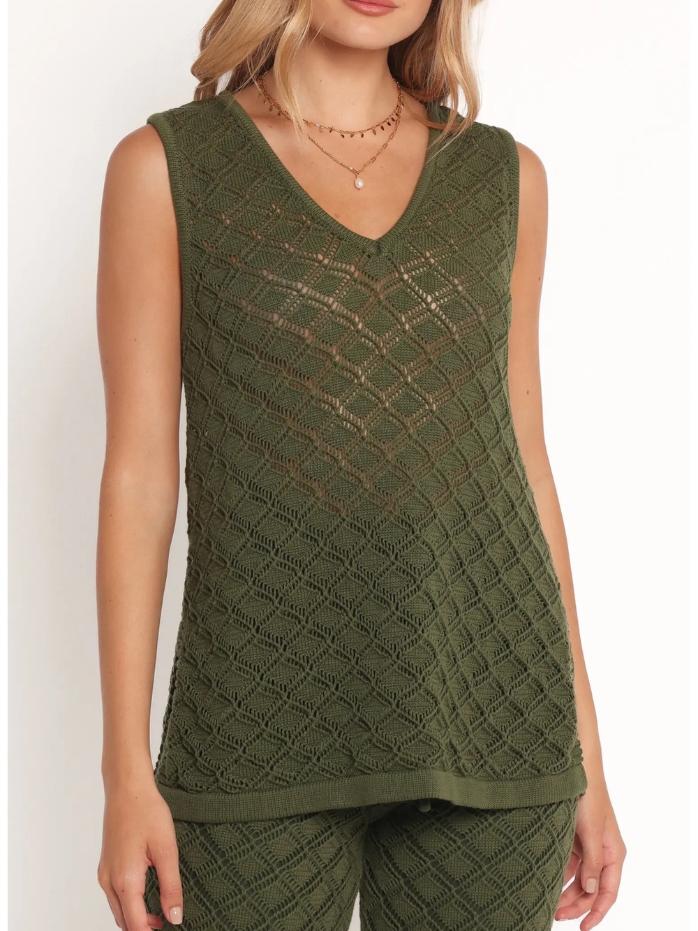 NEW Petal & Pup Sable Textured Sheer Pointelle Olive Green V-Neck Sweater Vest